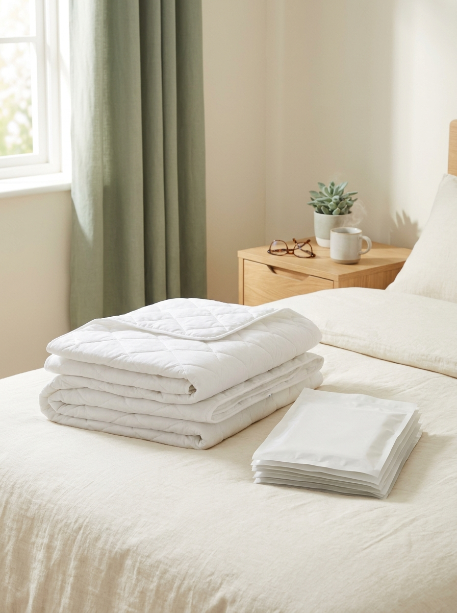 Folded quilted bed pads and sealed care supplies on a bed in soft morning light